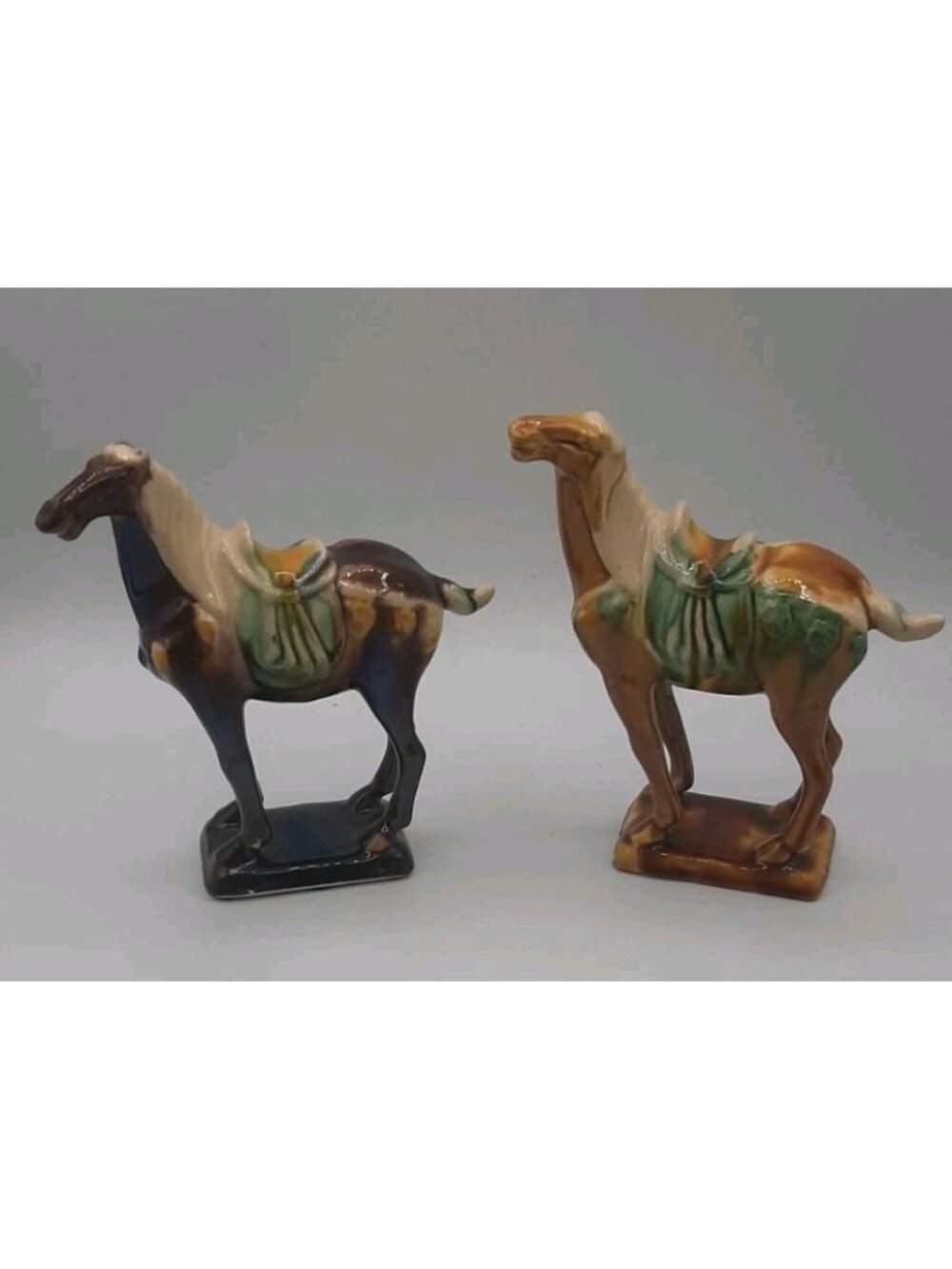 Vintage Tang Dynasty Sancai Luoyang Drip Glaze War Horses Set of 2 Brown Gold